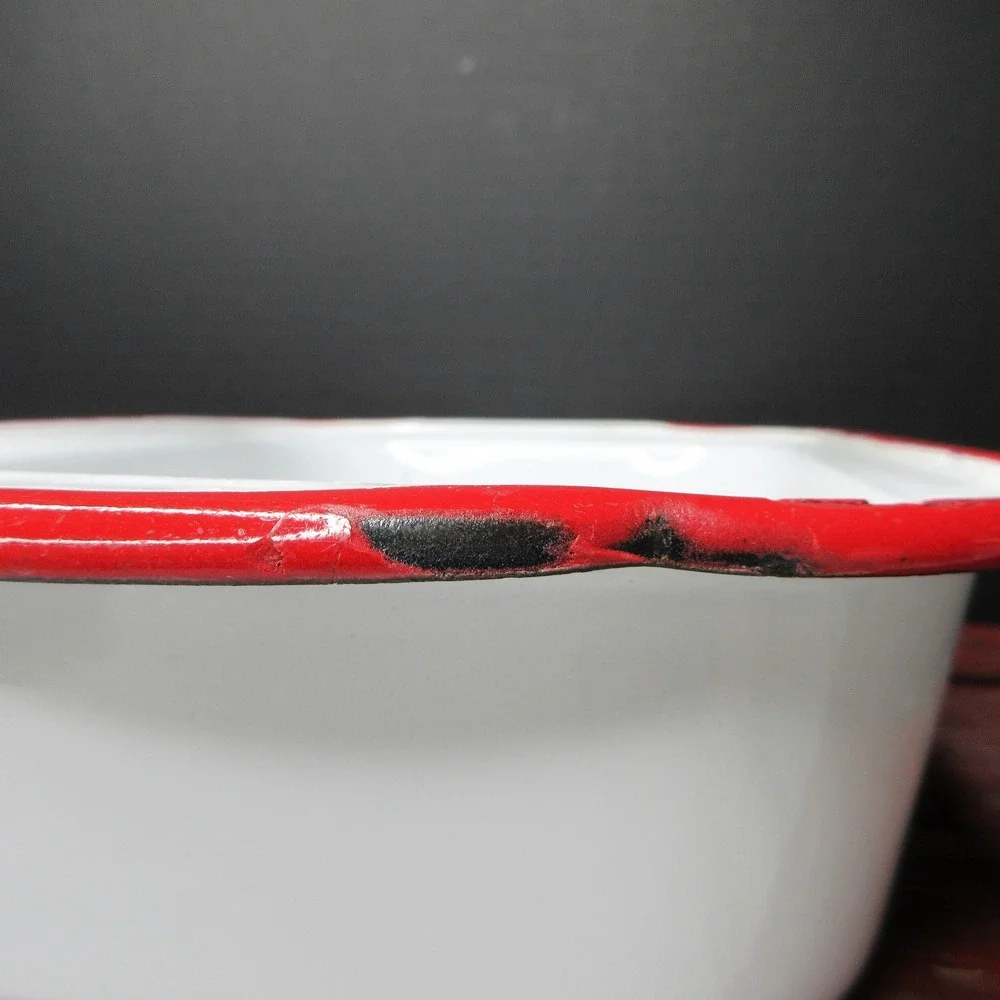Vintage White Enamelware Rectangular Pan Red Rim Primitive Farmhouse Decor